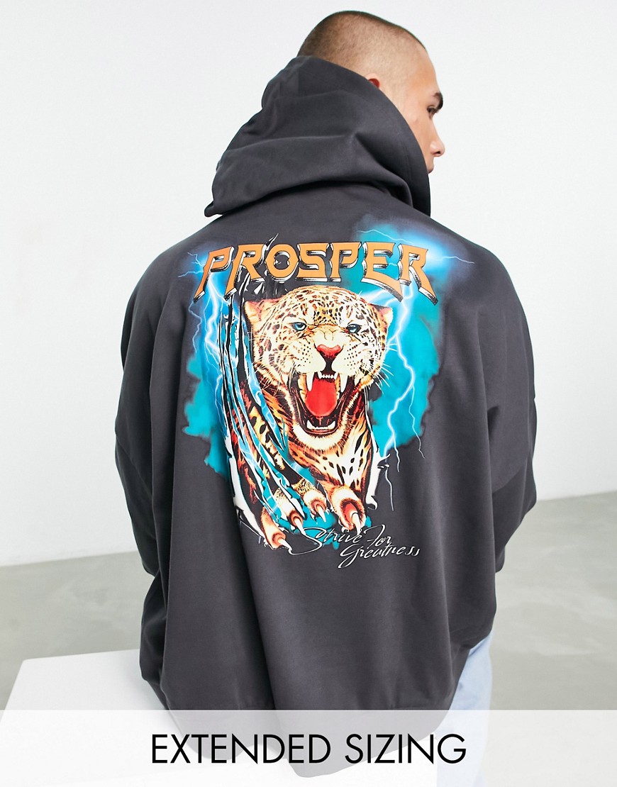 ASOS DESIGN super oversized zip through hoodie in grey with tiger back print