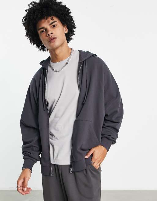 ASOS DESIGN super oversized zip through hoodie in washed black