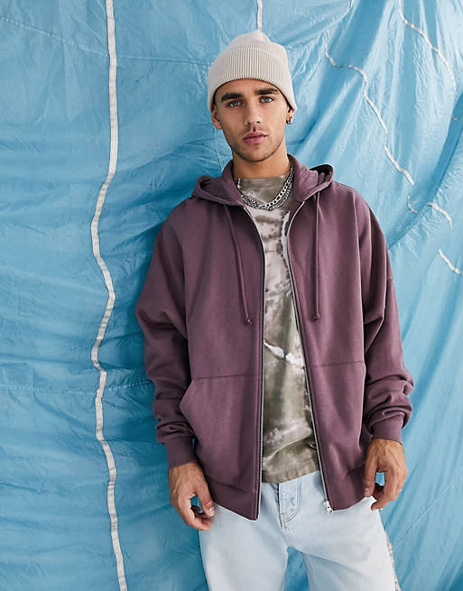 ASOS DESIGN super oversized zip through hoodie in washed purple | ASOS