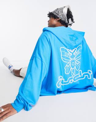 Asos Design Super Oversized Zip Up Hoodie In Blue With Moth Back Print