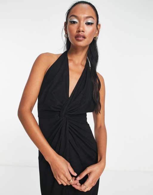 Plunging Halter Maxi Dress in Black