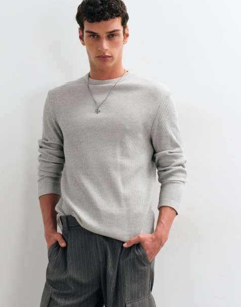 ASOS DESIGN super schweres, kastiges T-Shirt mit normaler Passform, langen Ärmeln und Waffelstruktur in neutralem Meliert - view 1