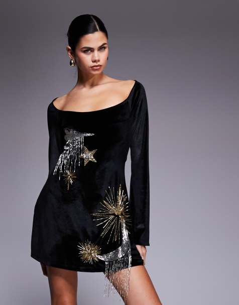 ASOS DESIGN super scoop long sleeve mini dress with aline skirt and celestial embellishment in bonded velvet - view 1
