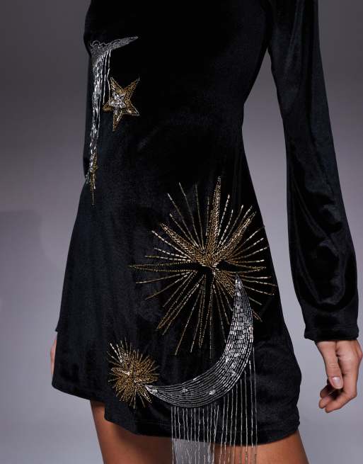 ASOS DESIGN super scoop neck long sleeve mini dress with a-line skirt and celestial embellishments in bonded velvet