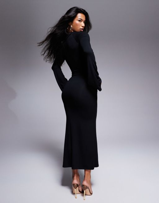 ASOS DESIGN super scoop midi dress with flute sleeves in black