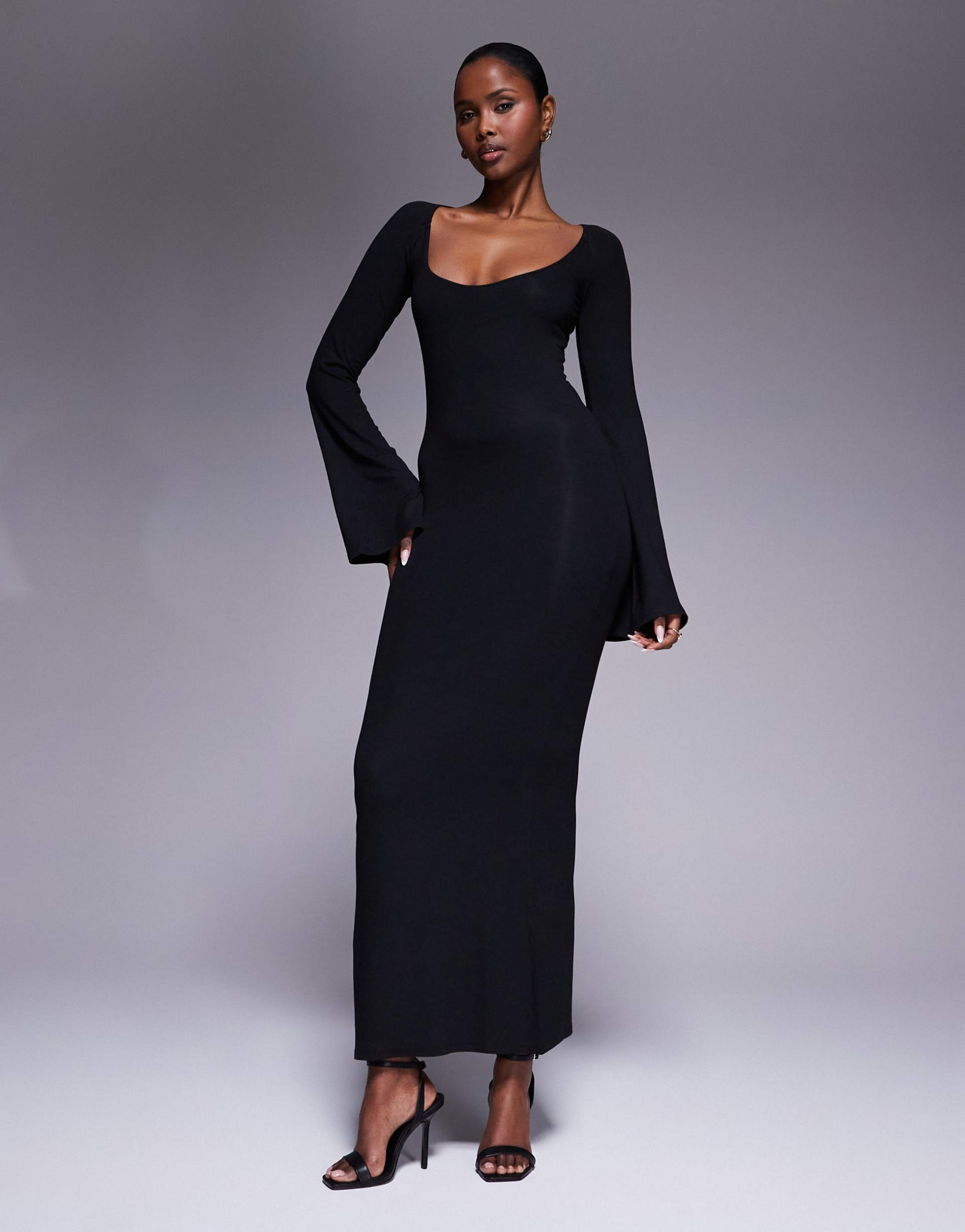 asos design super scoop midi dress with flute sleeves in black