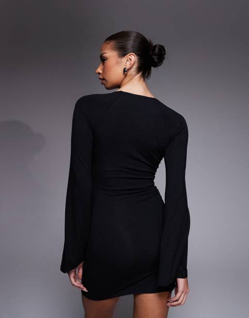 ASOS DESIGN super scoop mini dress with flute sleeves in black, 4 of 4