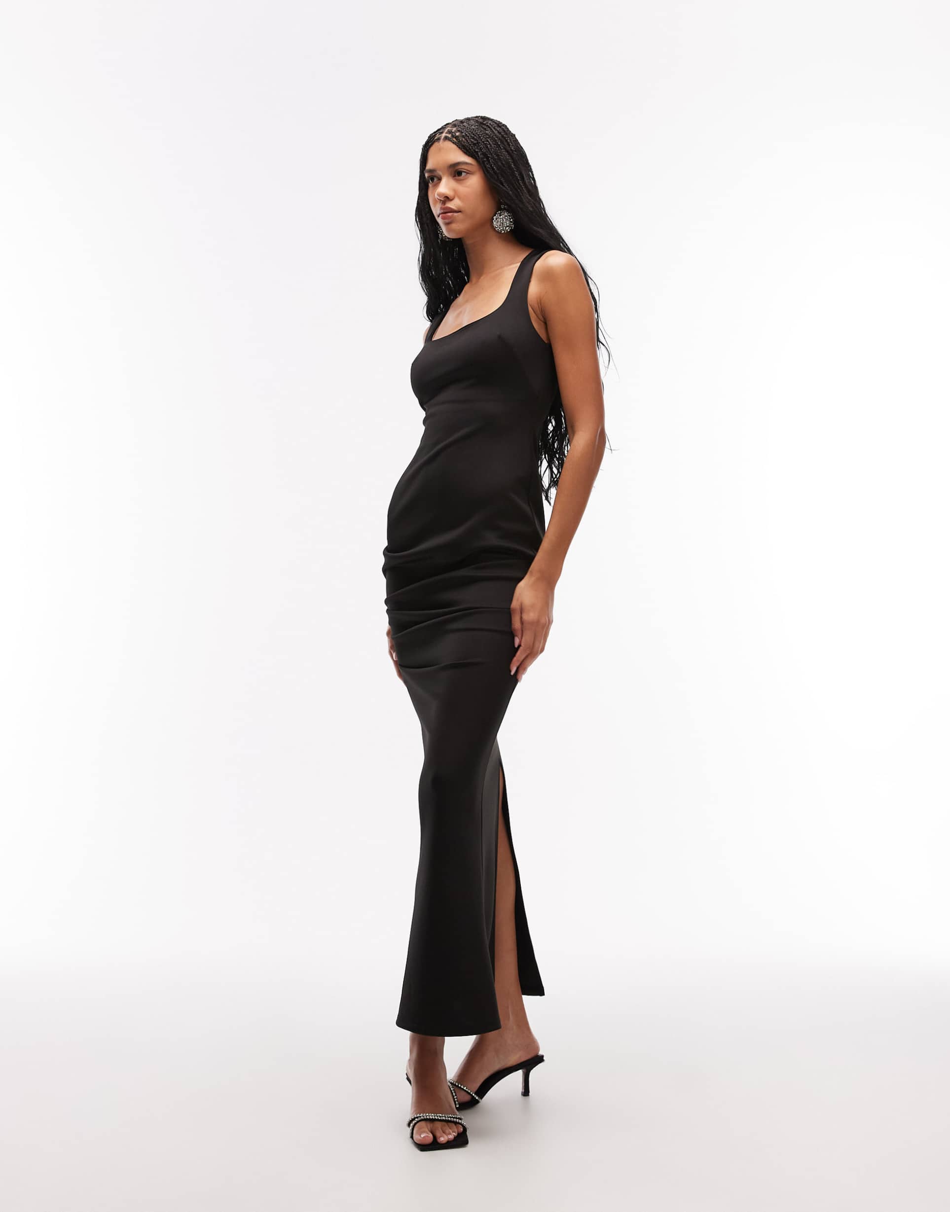 asos design super scoop neck cami style sculpted maxi dress in black scuba-style fabric