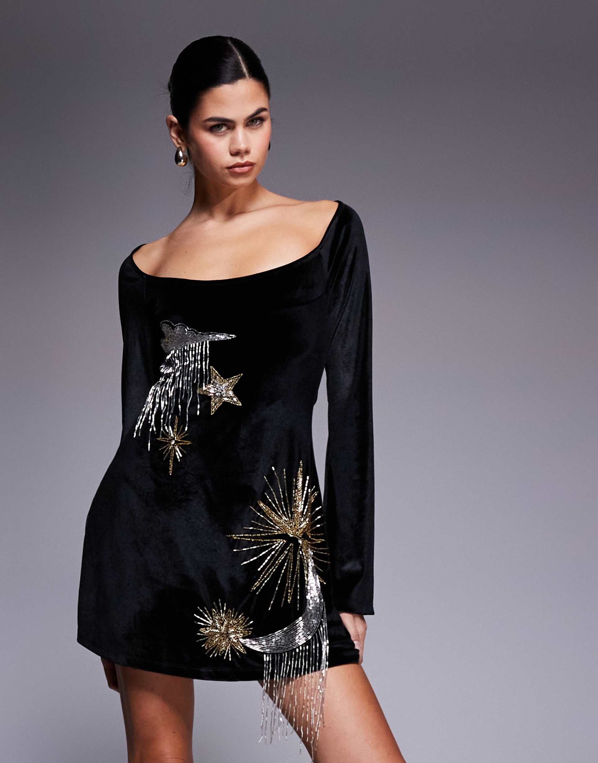asos design super scoop neck long sleeve mini dress with a-line skirt and celestial embellishments in bonded velvet