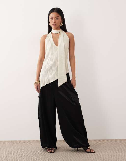 ASOS DESIGN super scoop scarf plisse asymmetric longline top in cream - part of a set , 2 of 4