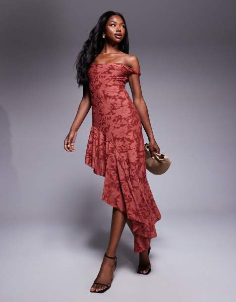 ASOS DESIGN super scooped bardot devore dress with asymmetric hem in rust - view 1