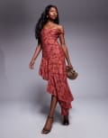 [ASOS DESIGN] ASOS DESIGN super scooped bardot devore dress with asymmetric hem in rust-Orange 8 Rust