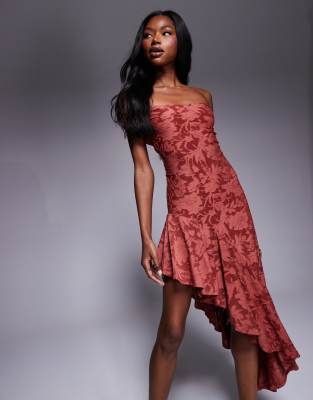 Asos Design Super Scooped Off The Shoulder Devore Dress With Asymmetric Hem In Orange