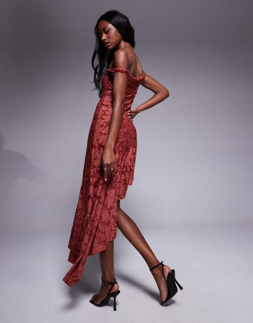 ASOS DESIGN super scooped off the shoulder devore dress with asymmetric hem in rust, 3 of 4