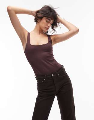 Asos Design Super Sculpt Square Neck Bodysuit In Brown