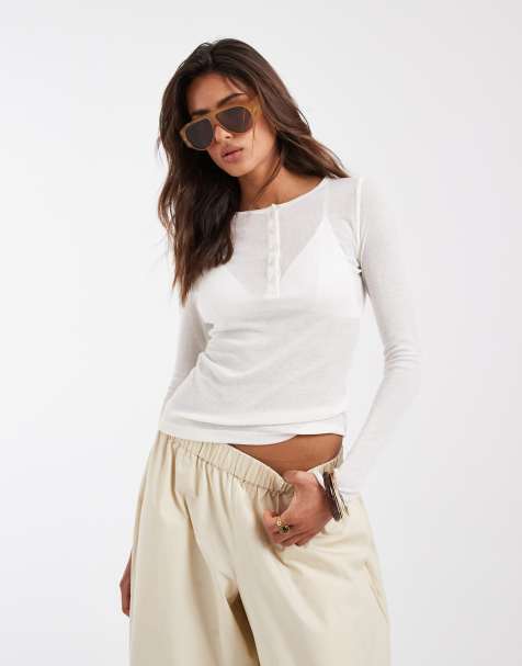 ASOS DESIGN super sheer henley top in cream - view 1