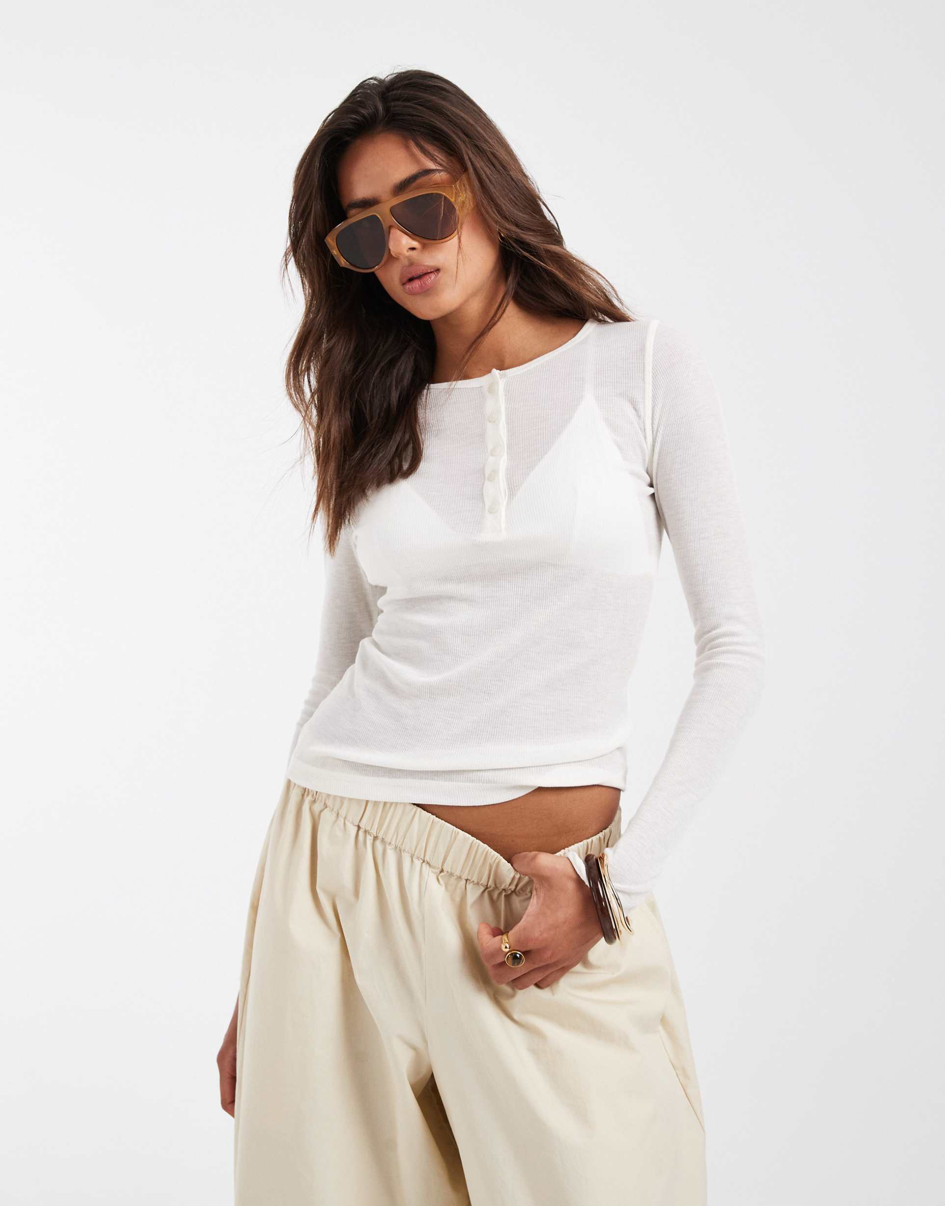 asos design super sheer henley top in cream
