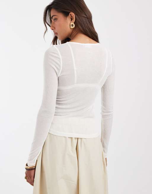 ASOS DESIGN super sheer henley top in cream, 4 of 4