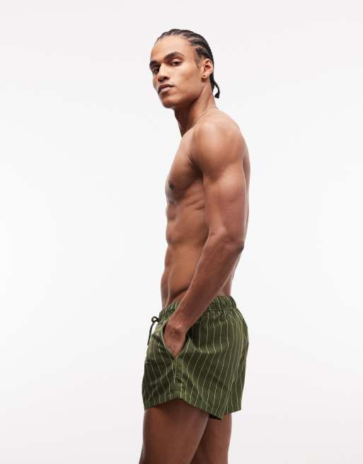 ASOS DESIGN super short length swim shorts in khaki-green and white pinstripes, 2 of 5