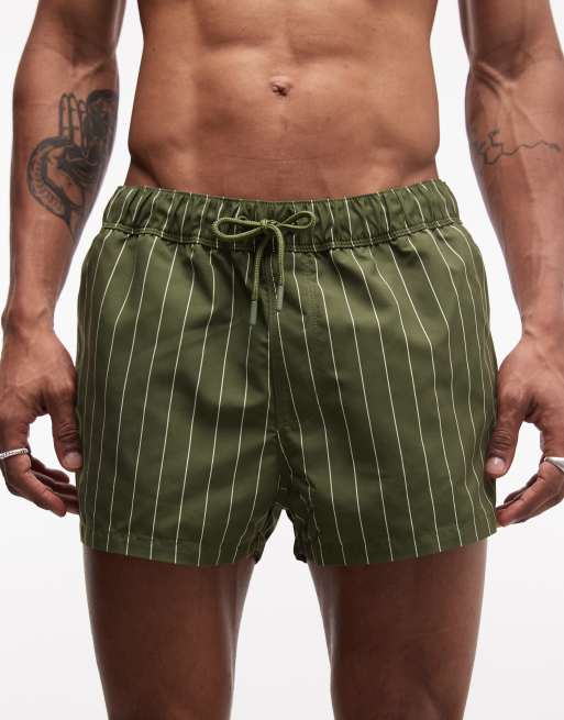 ASOS DESIGN super short length swim shorts in khaki-green and white pinstripes, 5 of 5