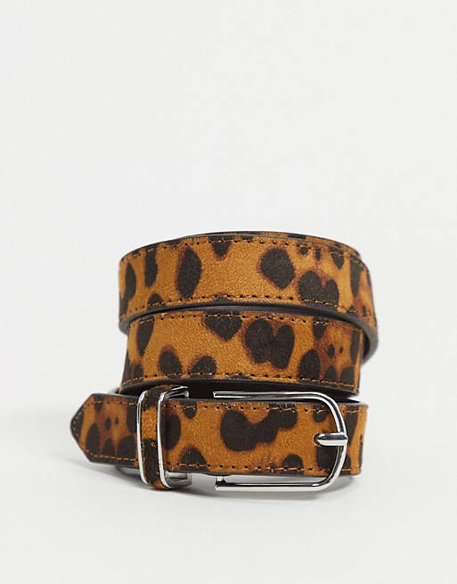 ASOS DESIGN super skinny belt in leopard print with round silver buckle