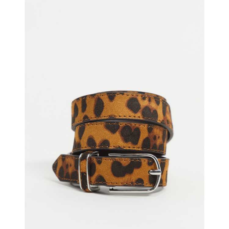 ASOS DESIGN super skinny belt in leopard print with round silver buckle