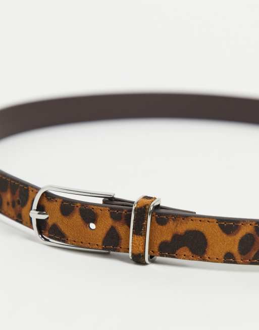 ASOS DESIGN super skinny belt in leopard print with rounded silver buckle