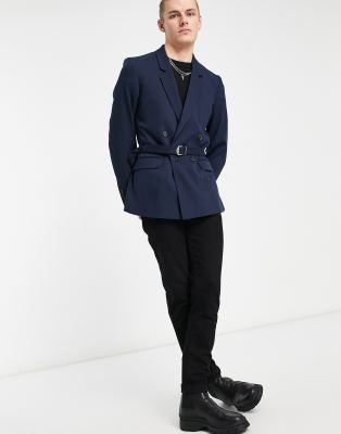 Asos Design Super Skinny Belted Blazer In Navy