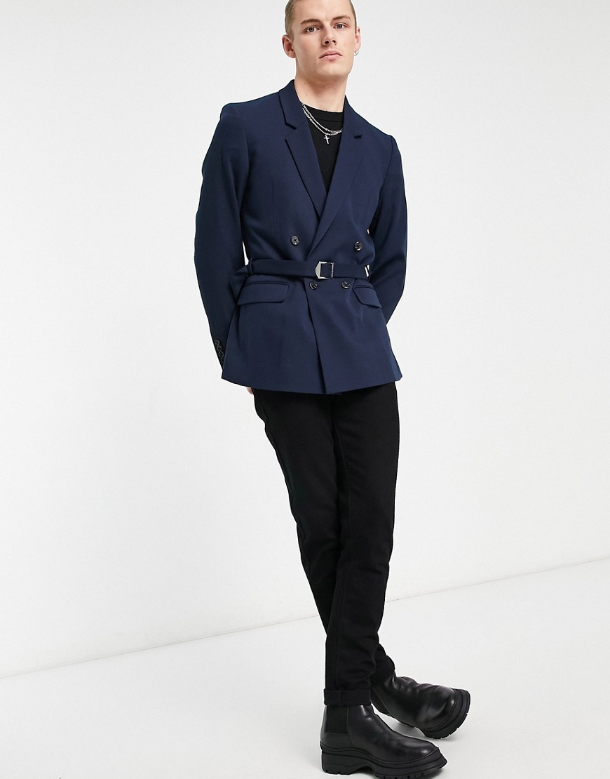 Asos Design Super Skinny Belted Blazer In Navy In Blue