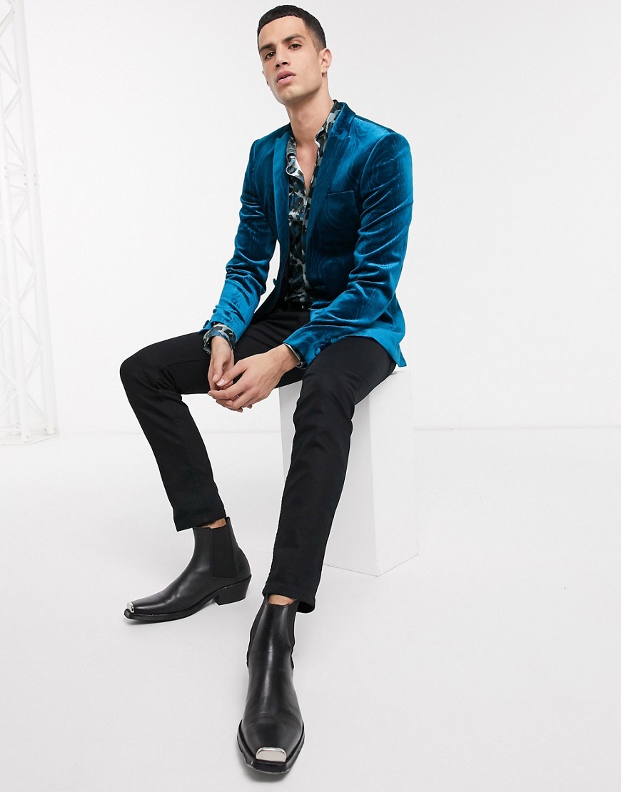 ASOS DESIGN - super skinny blazer i blå tekstrur velour