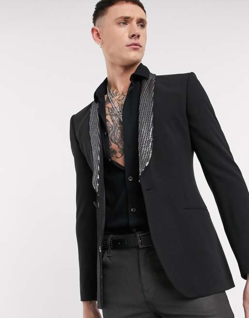 ASOS DESIGN super skinny blazer in black with sequin lapel ASOS