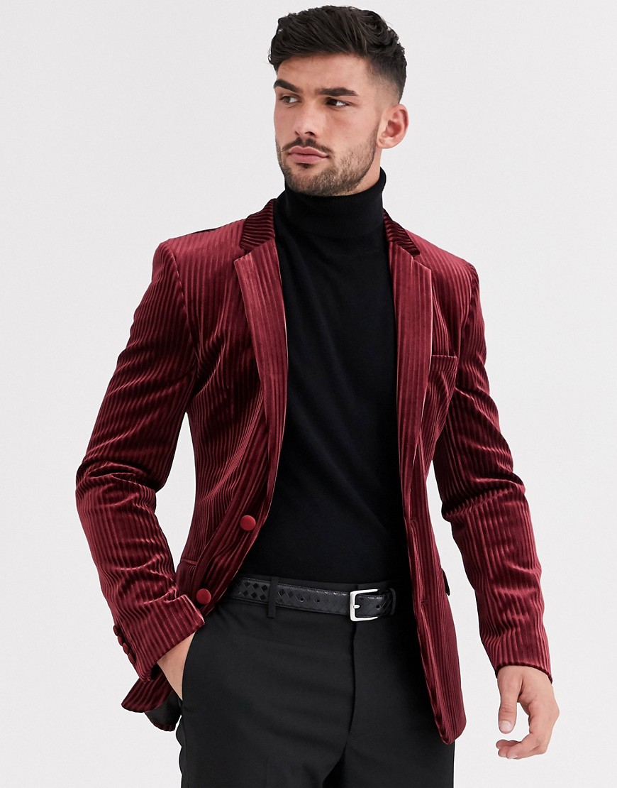 ASOS DESIGN super skinny blazer in burgundy velvet stripe-Red