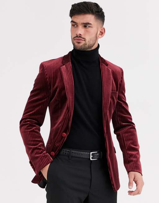 ASOS PLUS Super Skinny Blazer In Burgundy Velvet