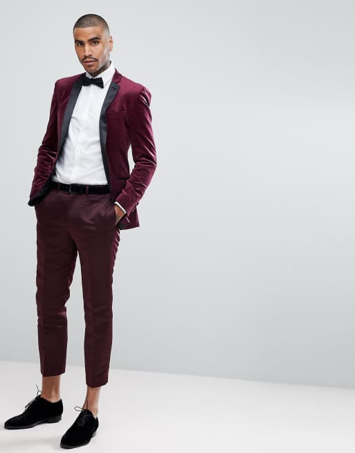 ASOS PLUS Super Skinny Blazer In Burgundy Velvet