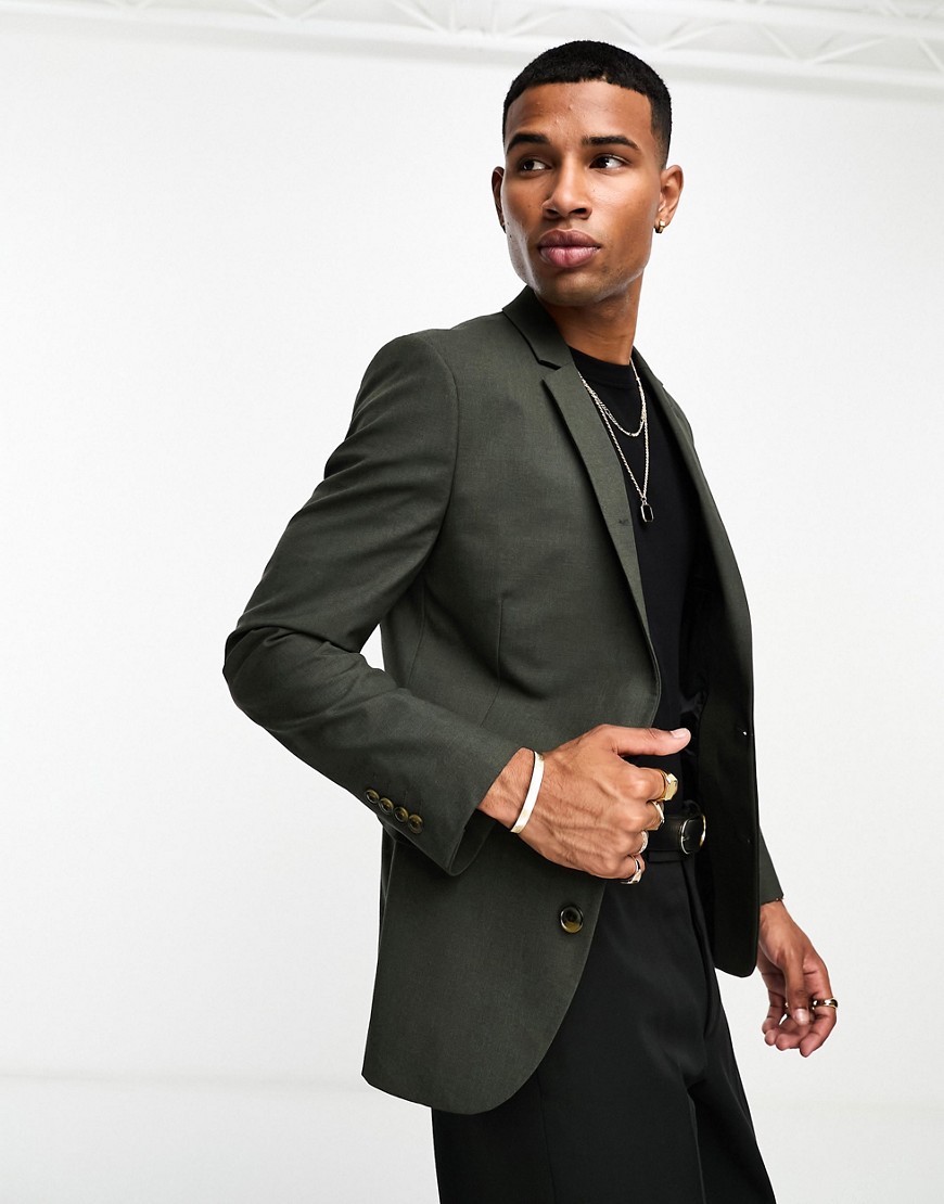 Asos Design Super Skinny Blazer In Khaki Texture-green