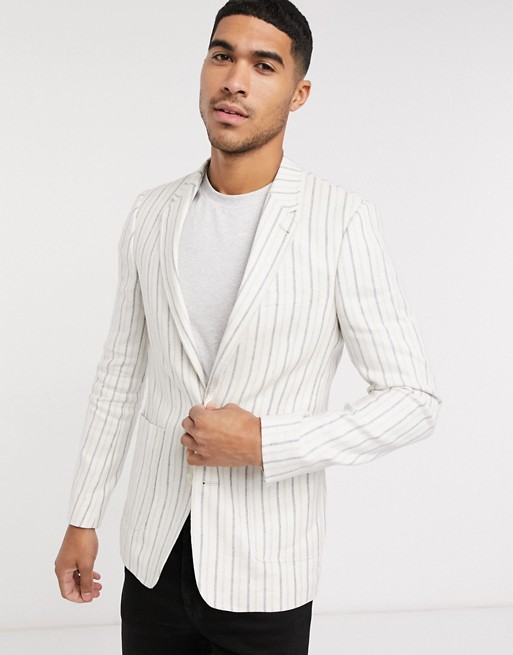 ASOS DESIGN super skinny blazer in stone and white linen stripe