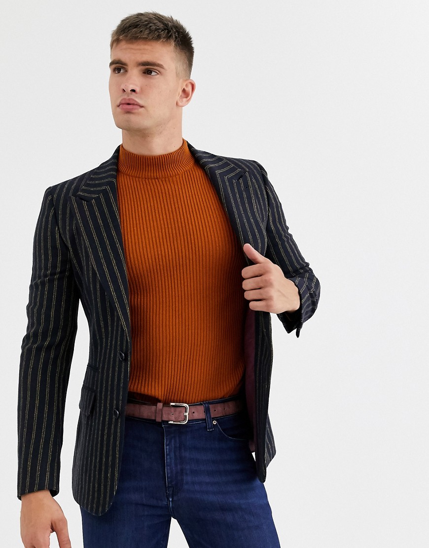 ASOS DESIGN super skinny blazer in wool mix stripe in navy