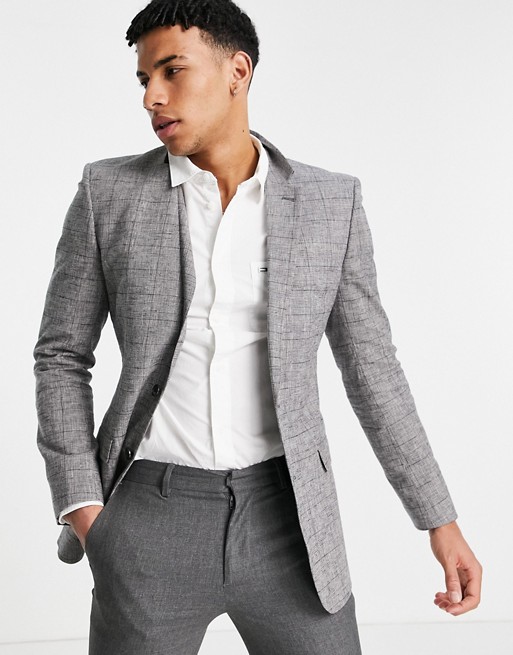 ASOS DESIGN super skinny blazer with prince of wales linen check in navy