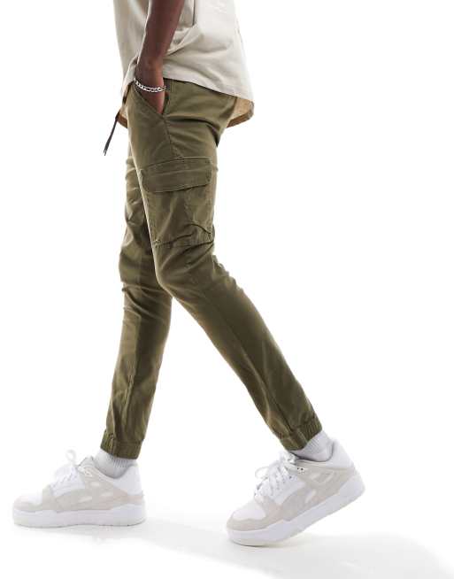 Slim fit cargo pants with elasticated cuffs in khaki