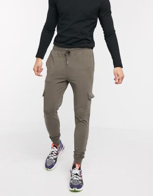 Asos Design Super Skinny Cargo Sweatpants In Khaki-green