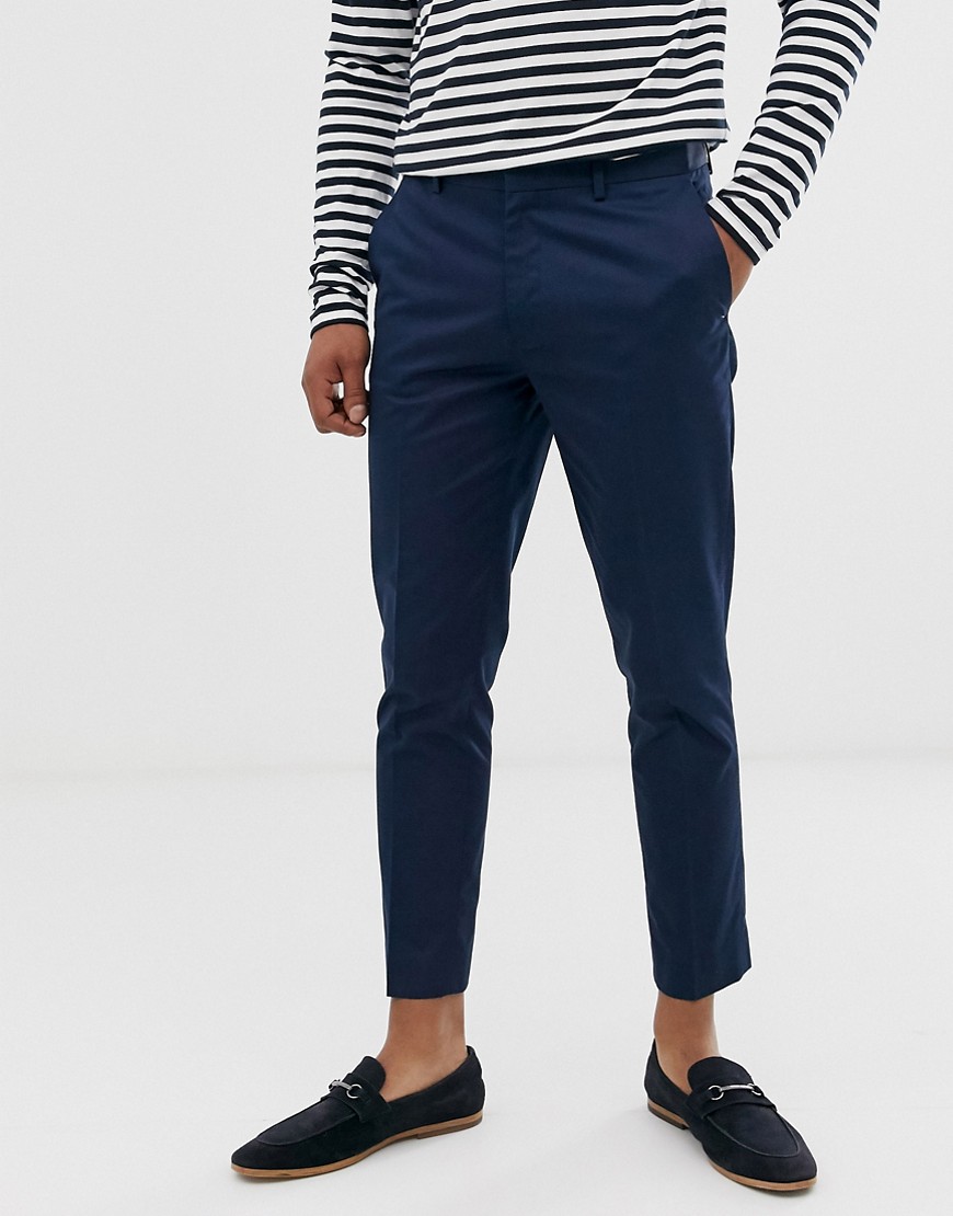 ASOS DESIGN super skinny crop smart trousers in navy cotton sateen