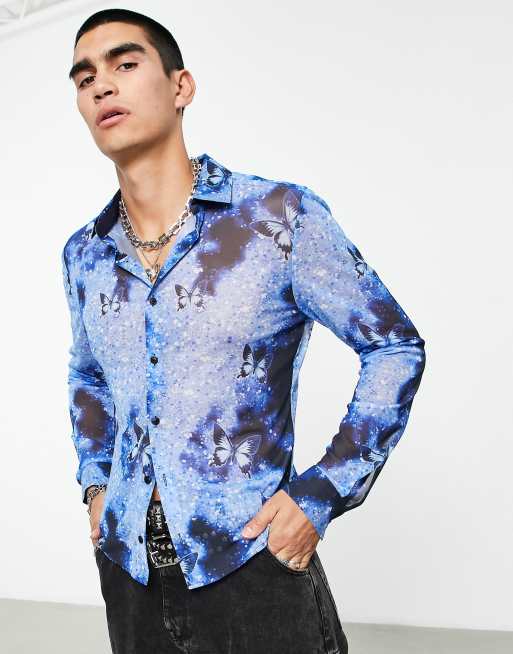 ASOS DESIGN super skinny cropped mesh shirt in sparkle butterfly print