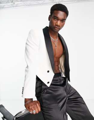 ASOS DESIGN super skinny cropped tuxedo blazer with sequins in white - ASOS Price Checker
