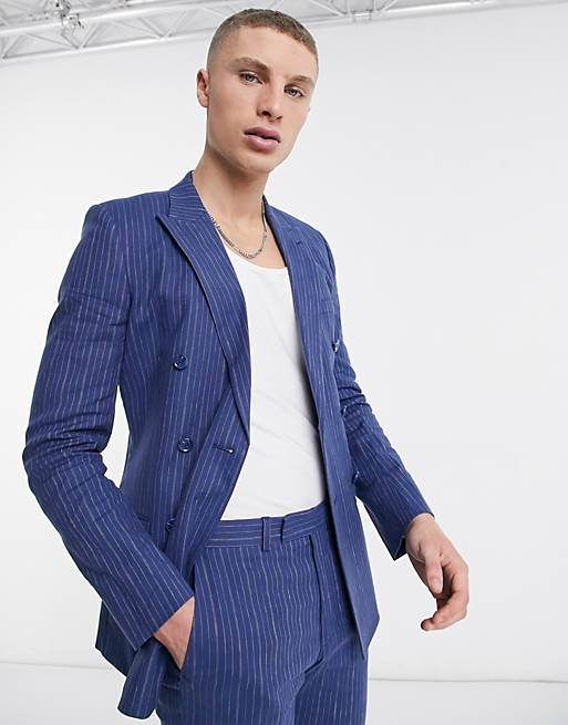 Men super skinny double breasted cotton linen pinstripe suit jacket in blue 
