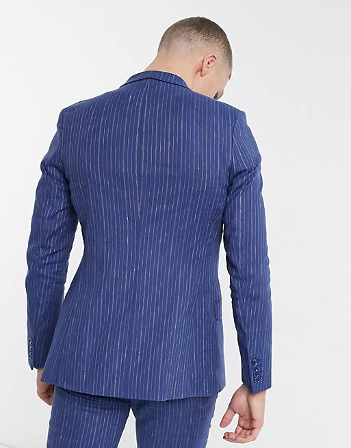 Men super skinny double breasted cotton linen pinstripe suit jacket in blue 
