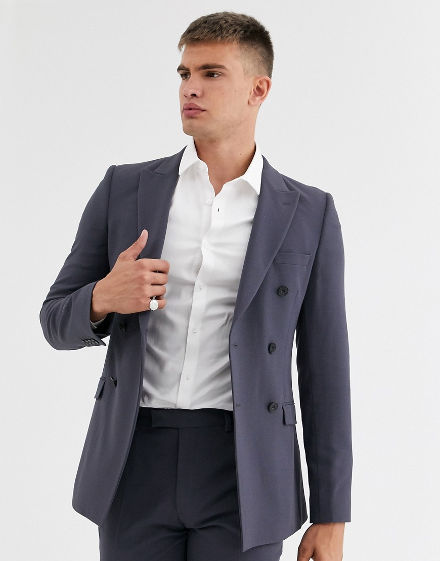 Asos Design Super Skinny Double Breasted Suit Jacket In Black Slate-gray