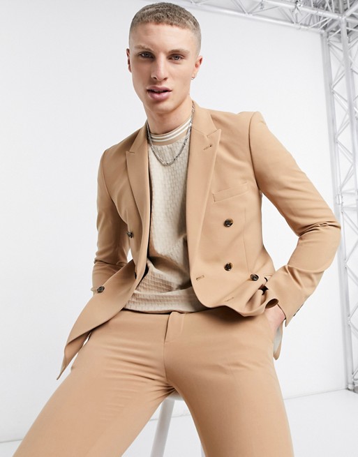 ASOS DESIGN super skinny double breasted suit jacket in camel