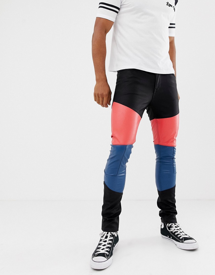 ASOS DESIGN super skinny-jeans i læder med farveblokpaneler-Sort