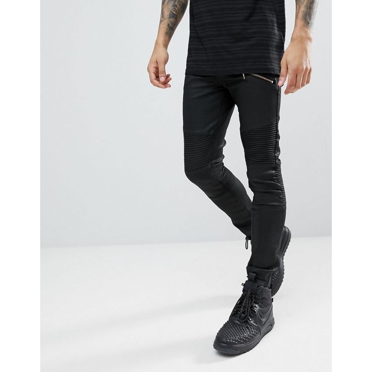 ASOS DESIGN skinny jeans with coated denim in black with biker detail