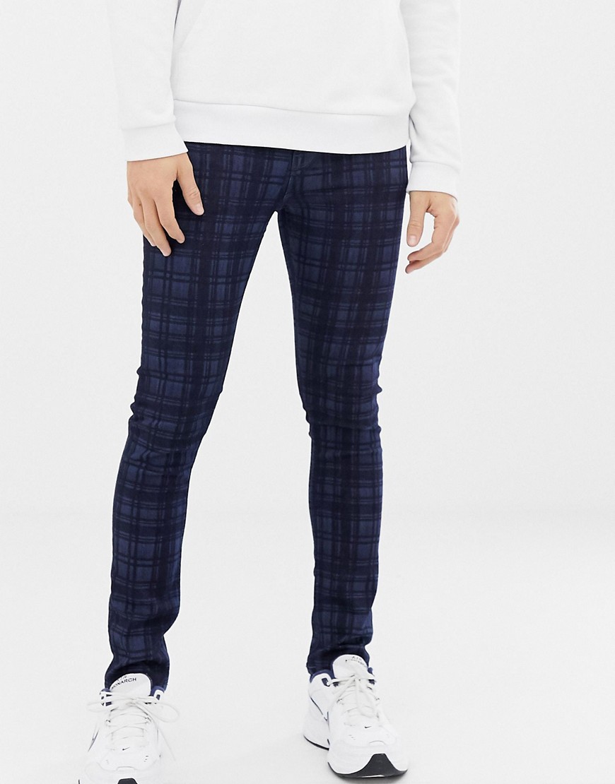 ASOS DESIGN super skinny jeans in lazer print check-Blue